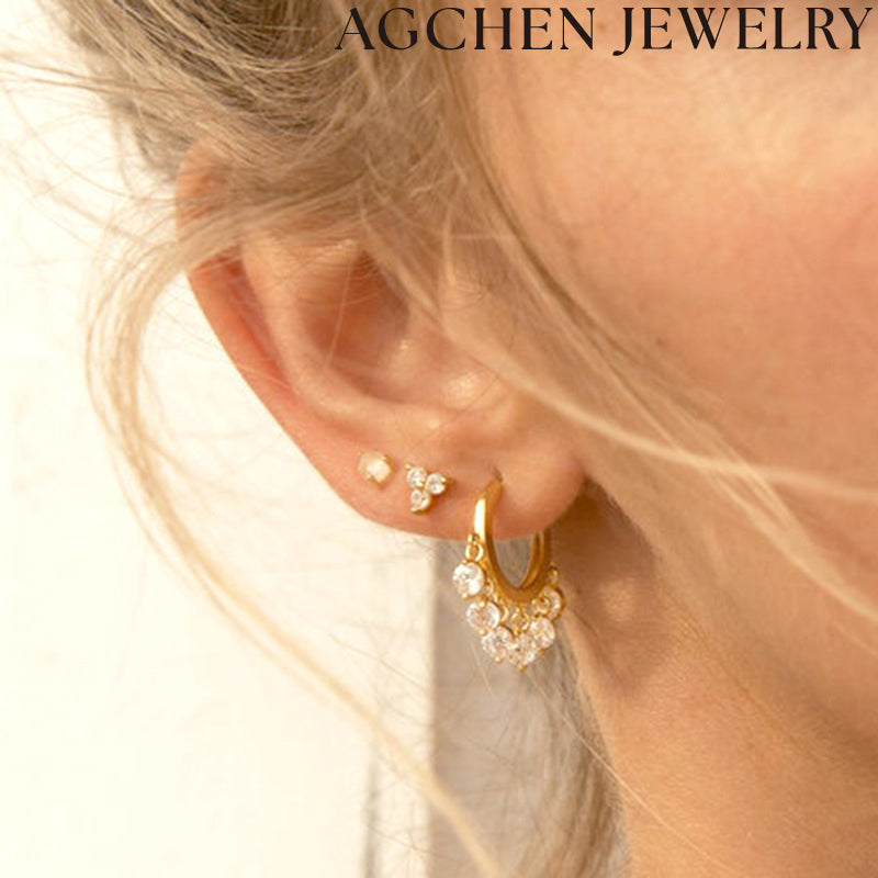 AG Three Stone Zircon Stud Earrings