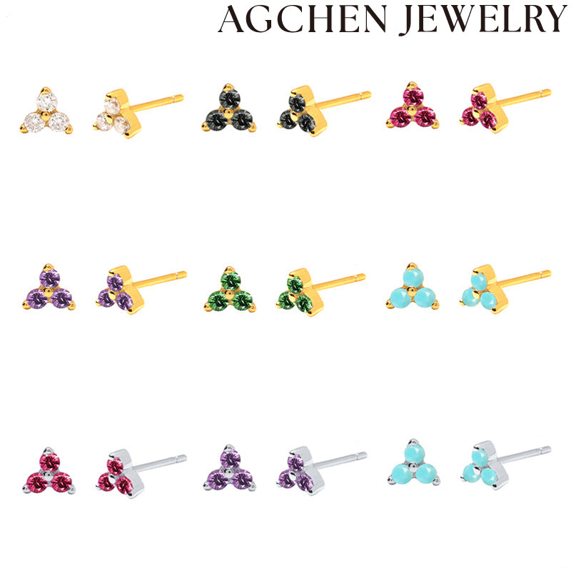 AG Three Stone Zircon Stud Earrings