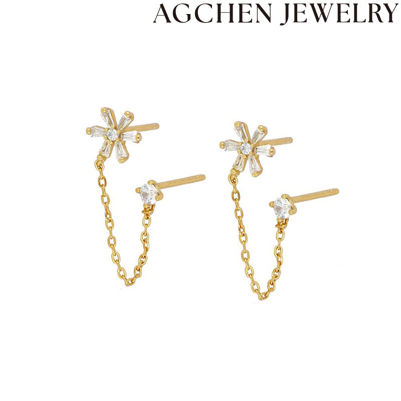 AG Flower and Chain Zirconia Earrings