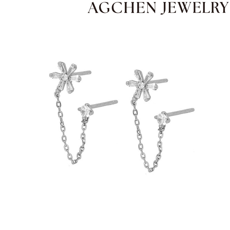 AG Flower and Chain Zirconia Earrings