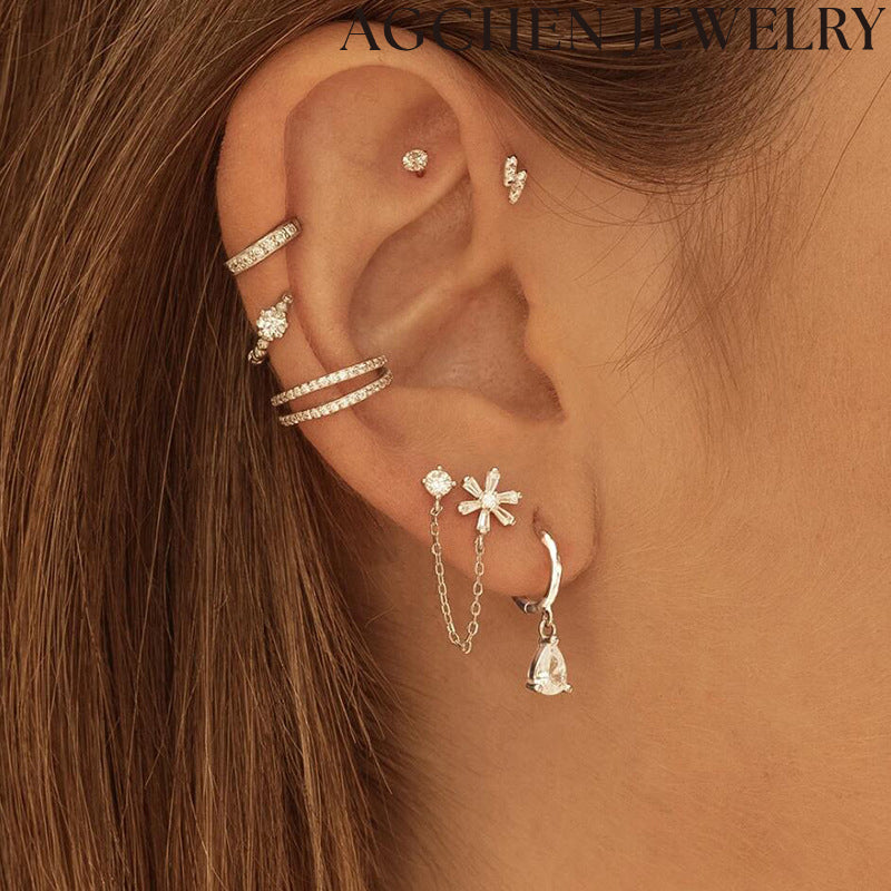 AG Flower and Chain Zirconia Earrings