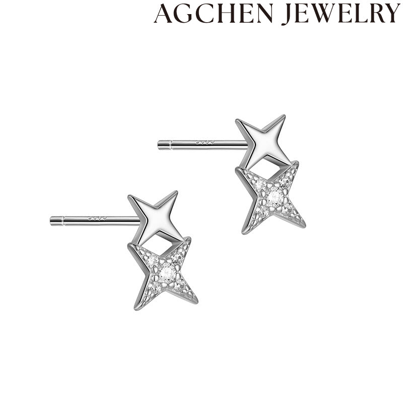 AG White Zirconia Star Stud Earrings
