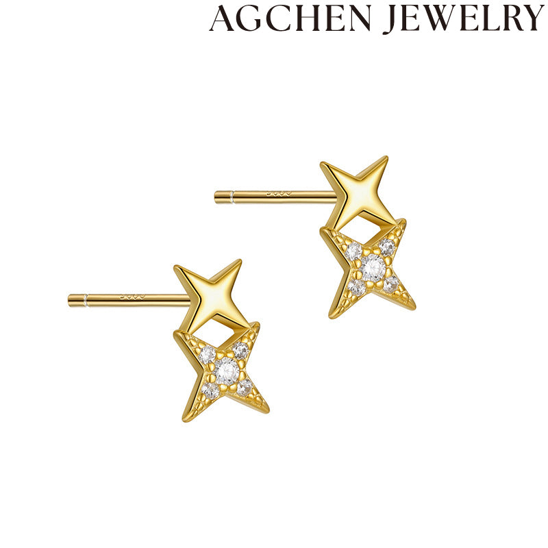 AG White Zirconia Star Stud Earrings