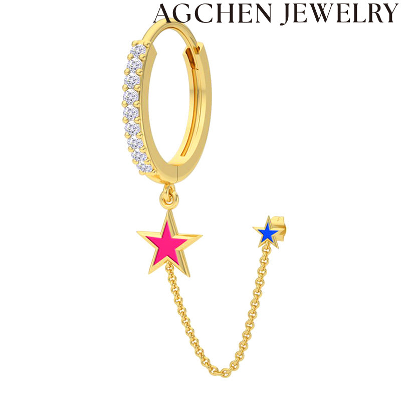 AG Droplet Blue Pink Star Chain Earrings
