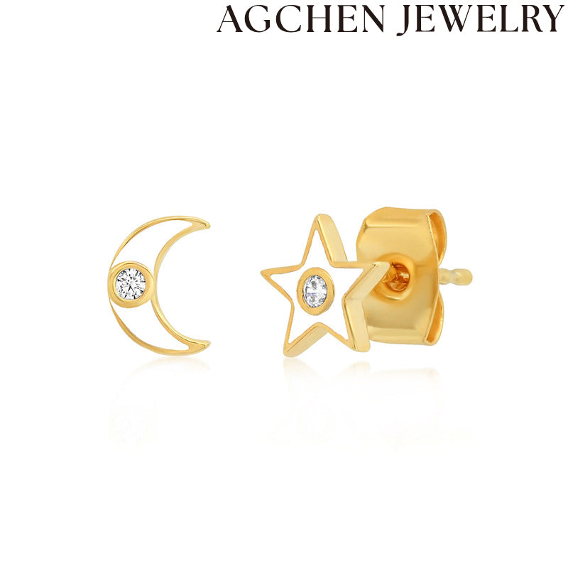 AG White Star and Moon Zirconia Earrings