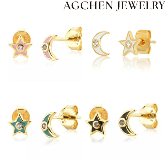 AG Koloraj Stelo kaj Luno Zirkonaj Orelornamoj