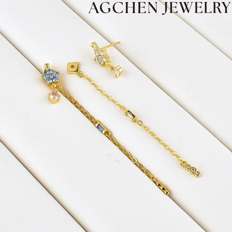 AG White and Blue Flower Chain Earrings