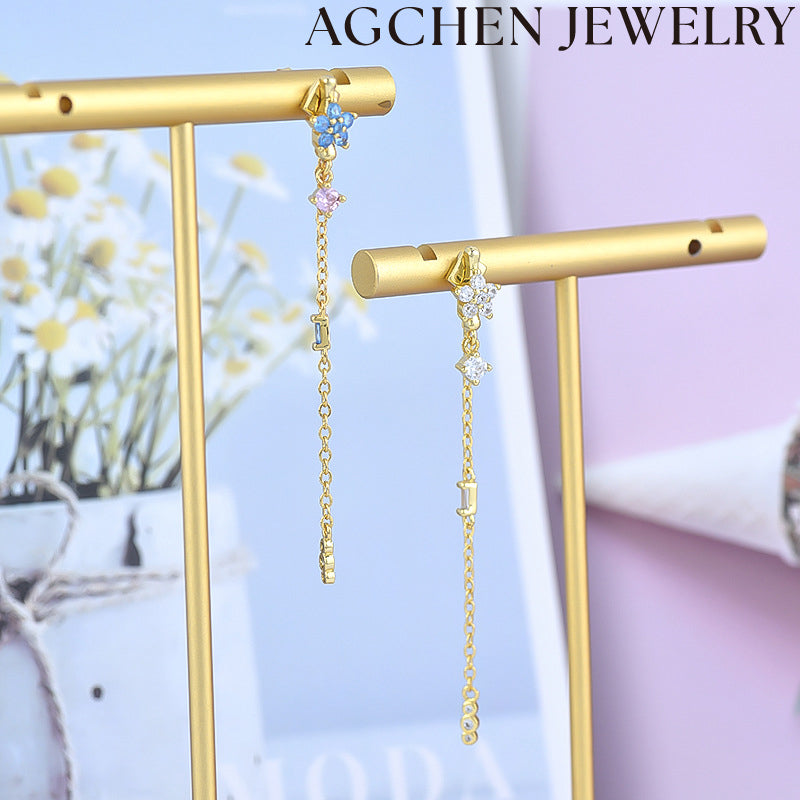 AG White and Blue Flower Chain Earrings