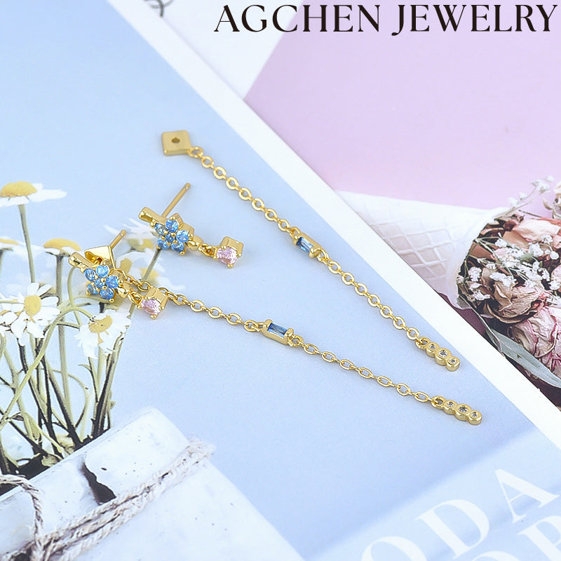 AG White and Blue Flower Chain Earrings