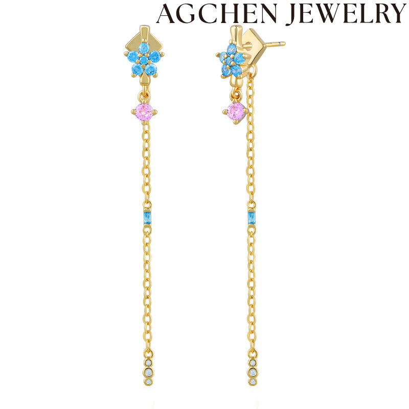 AG White and Blue Flower Chain Earrings