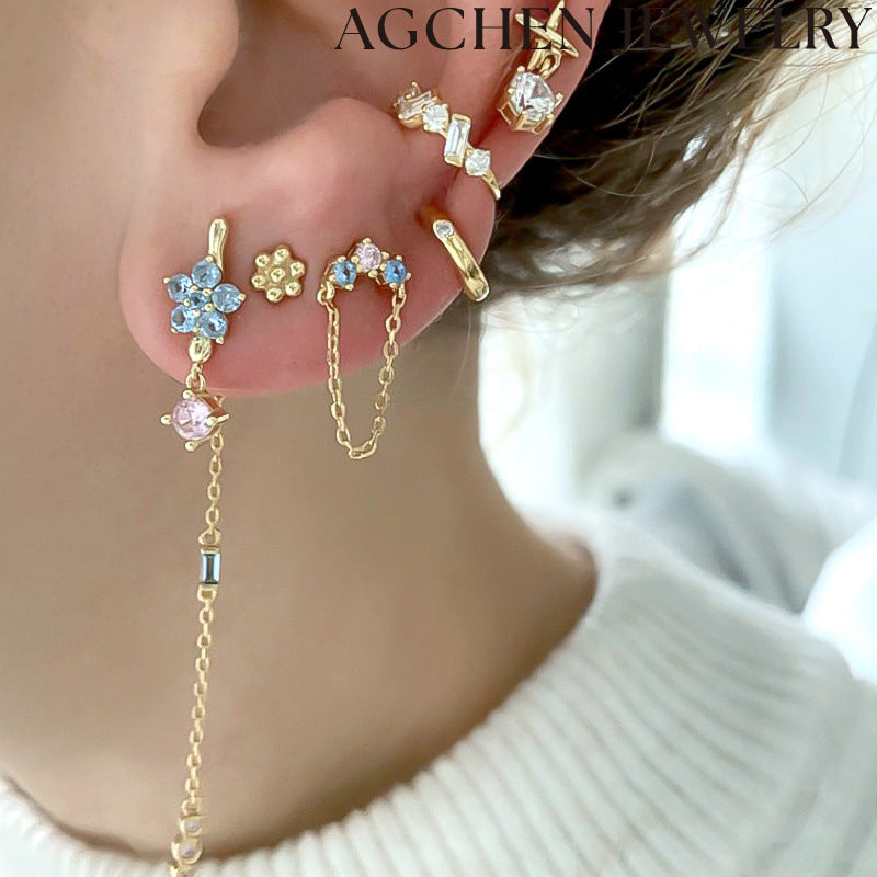 AG White and Blue Flower Chain Earrings