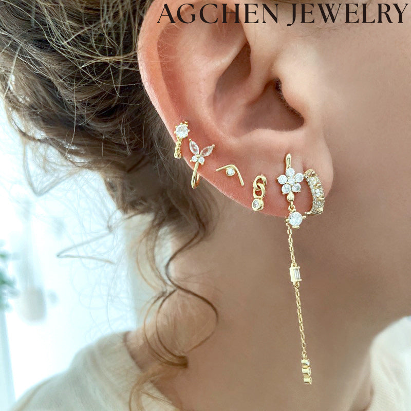 AG White and Blue Flower Chain Earrings