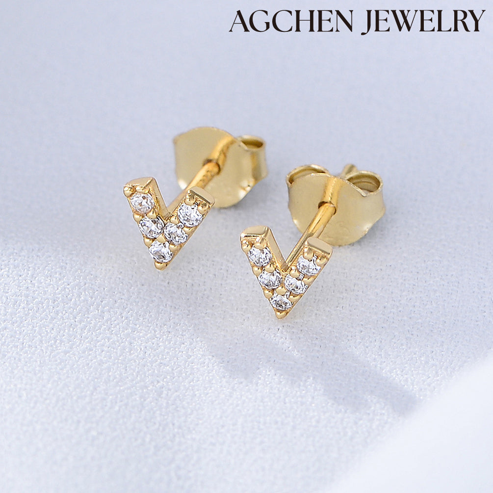 AGCHEN S925 Sterling silver simple zircon English letter "V" earrings for women Europe and America simple geometry small mini earrings - AGCHEN JEWELRY,925 All Styles, 925 Earrings