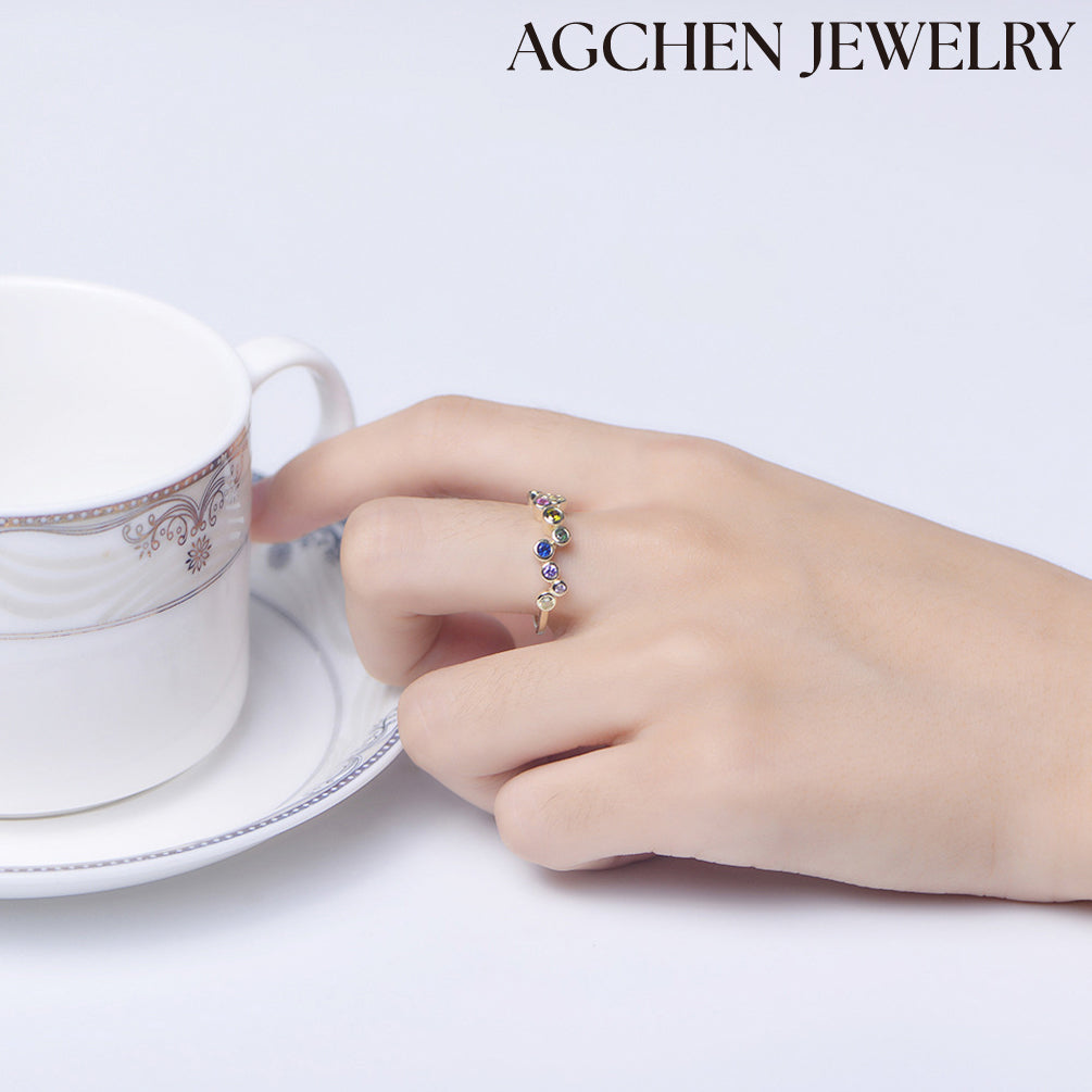AGCHEN S925 sterling silver colored zircon ring women's European and American style luxury high-end rainbow ring hand jewelry - AGCHEN JEWELRY,925 All Styles, 925 Rings