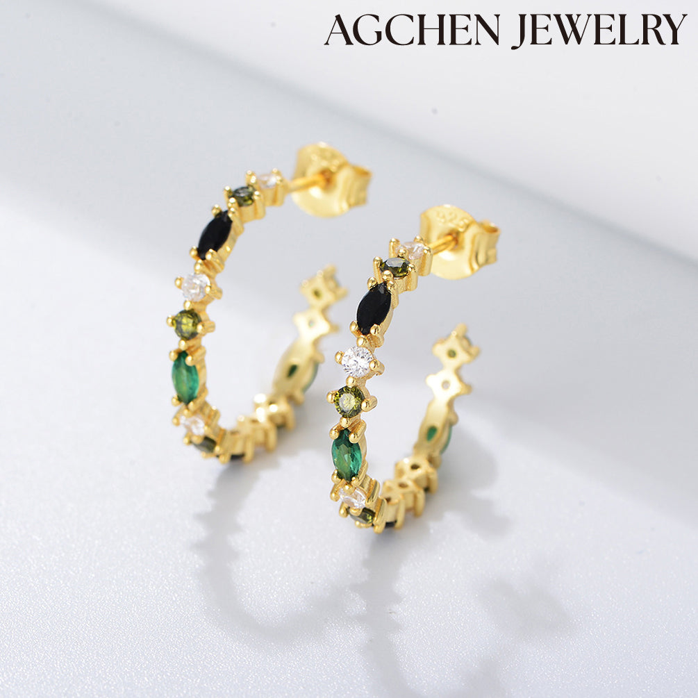 C-shaped Emerald Zirconia Earrings agchenjewelry lucky brand earrings black earrings with maang tikka