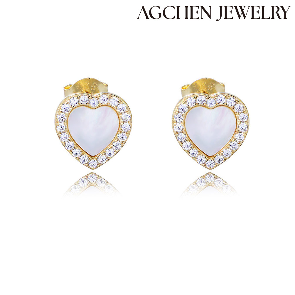 White Heart-shaped Stud Earrings agchenjewelry agjewelrywhite gold earrings