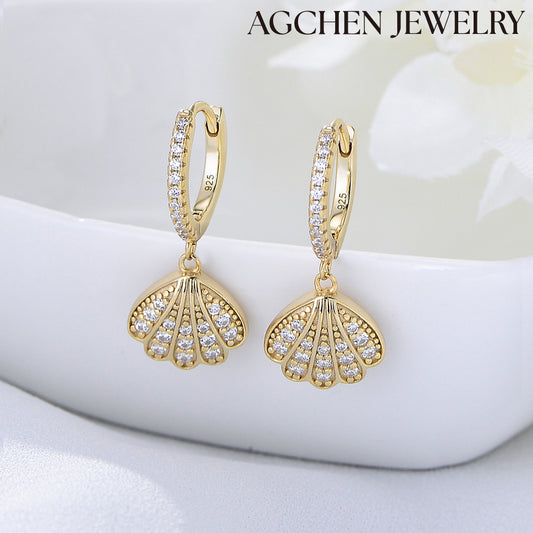 AGCHEN Sea Shell shape zircon 925 Silver Gold plated hoop Earrings Fashion Jewelry for women and girls - AGCHEN JEWELRY,925 All Styles, 925 Earrings