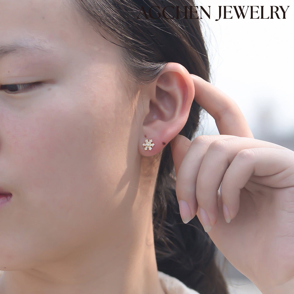 AGCHEN Snow Flower Zircon crystal 925 Silver Gold plated stud Earrings Fashion Jewelry for women and girls - AGCHEN JEWELRY,925 All Styles, 925 Earrings