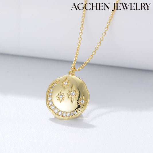 AGCHEN S925 Sterling silver round coin Star Moon Necklace Europe and America ins diamond temperament ladies zircon collarbone chain - AGCHEN JEWELRY,925 All Styles, 925 Necklaces