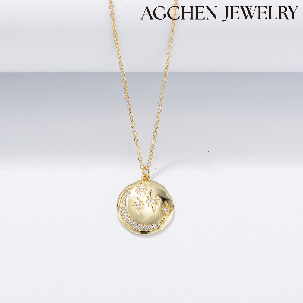 AGCHEN S925 Sterling silver round coin Star Moon Necklace Europe and America ins diamond temperament ladies zircon collarbone chain - AGCHEN JEWELRY,925 All Styles, 925 Necklaces