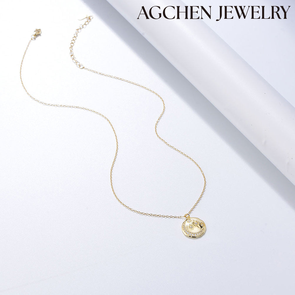 AGCHEN S925 Sterling silver round coin Star Moon Necklace Europe and America ins diamond temperament ladies zircon collarbone chain - AGCHEN JEWELRY,925 All Styles, 925 Necklaces