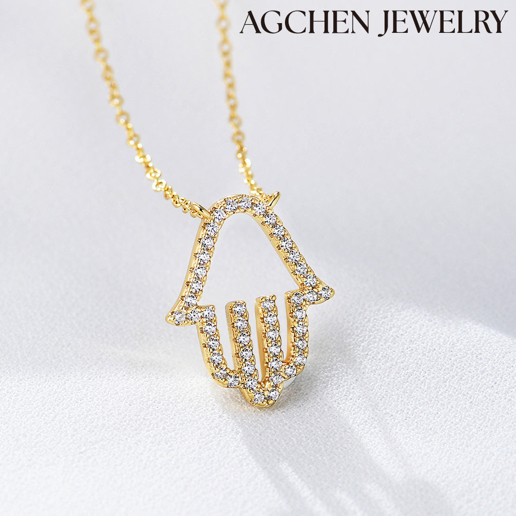 AGCHEN S925 sterling silver micro-inset zircon diamond hollow palm pendant necklace female European and American explosive products - AGCHEN JEWELRY,925 All Styles, 925 Necklaces