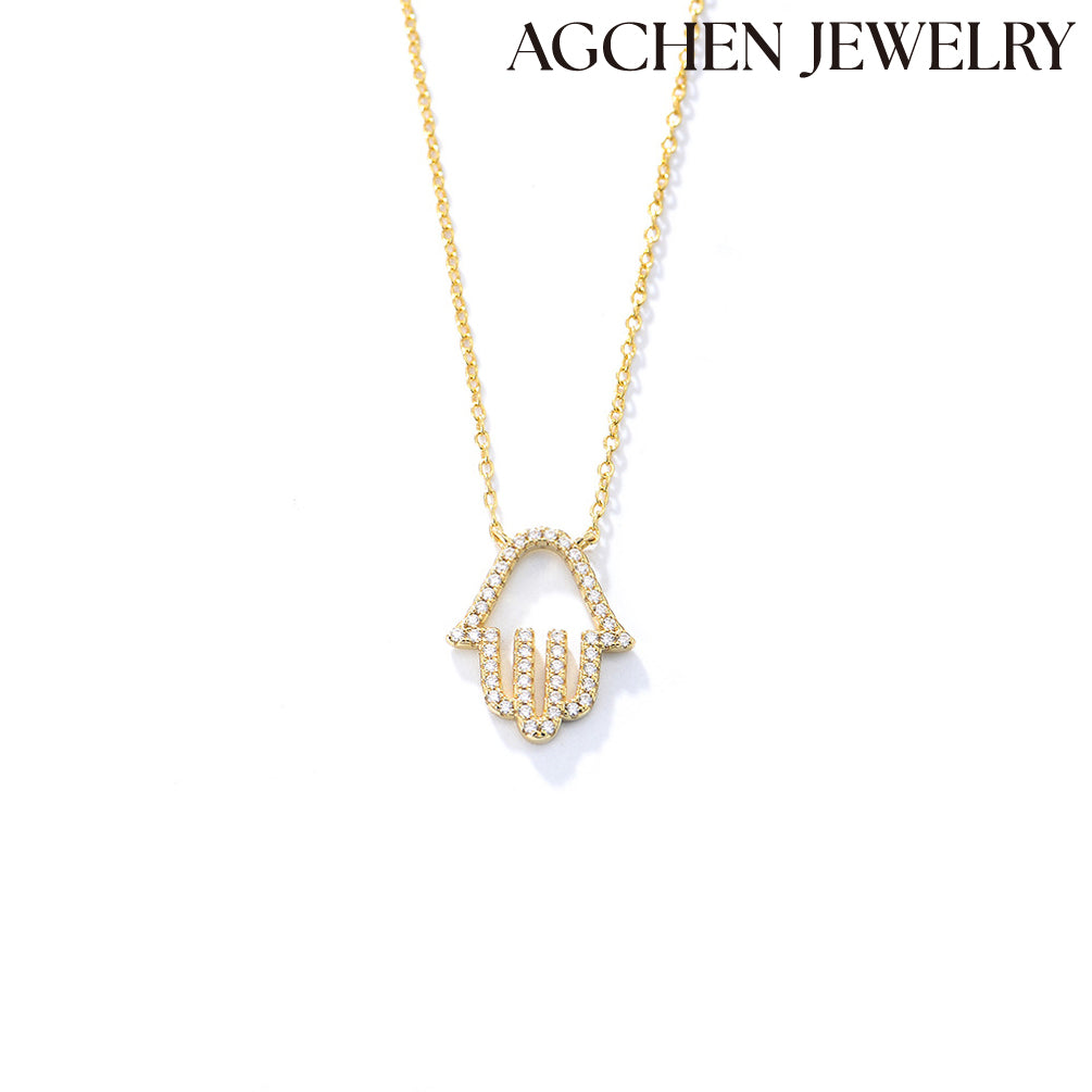 AGCHEN S925 sterling silver micro-inset zircon diamond hollow palm pendant necklace female European and American explosive products - AGCHEN JEWELRY,925 All Styles, 925 Necklaces