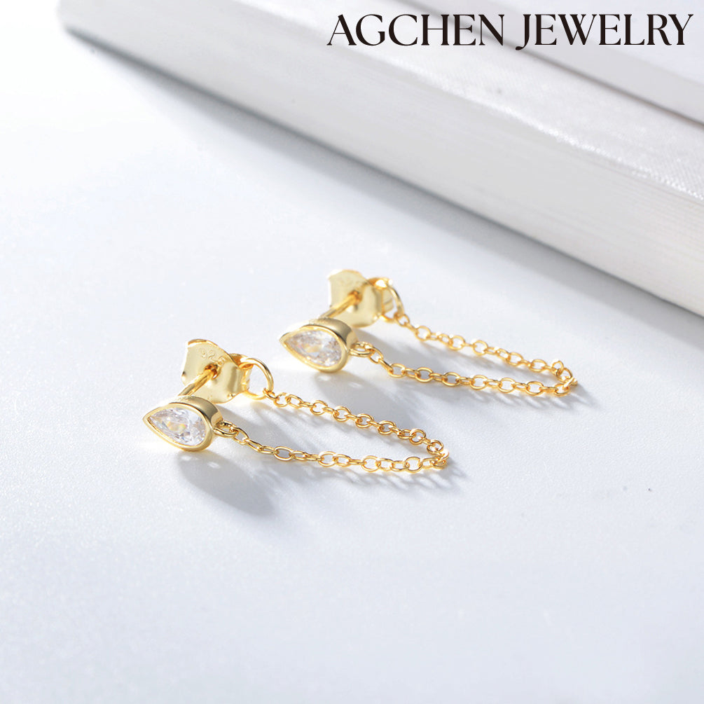 Teardrop Cubic Zirconia Drop Earrings agchenjewelry agfashion agjewelry long chain earrings  gold chain earrings