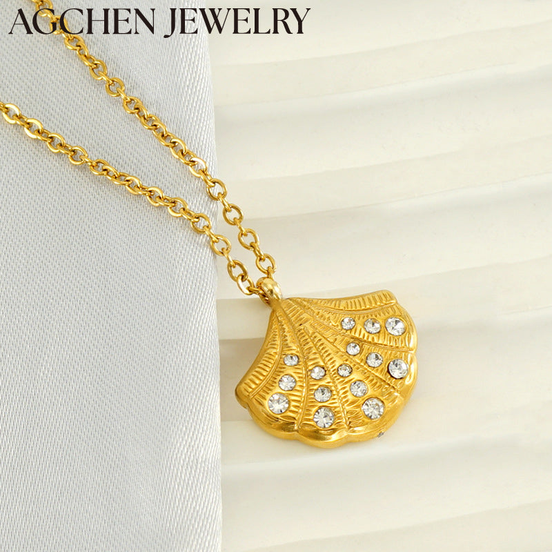 AG Stainless Steel Shell-Shaped Pendant with Zirconia Necklace