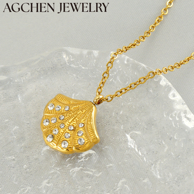 AG Stainless Steel Shell-Shaped Pendant with Zirconia Necklace