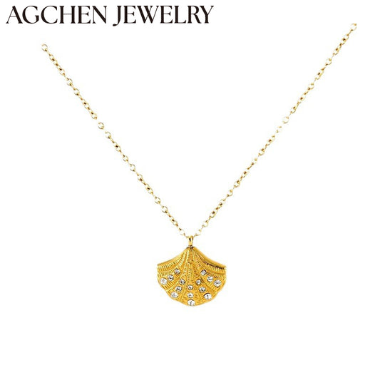 AG Stainless Steel Shell-Shaped Pendant with Zirconia Necklace