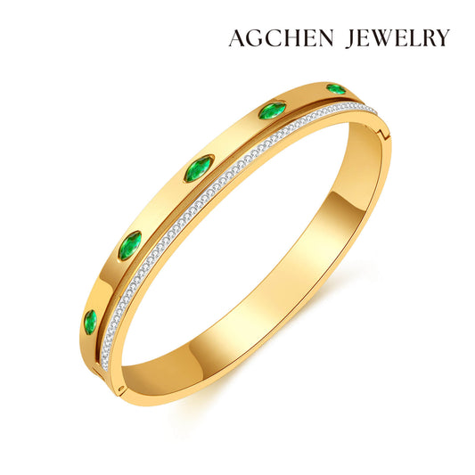 AG Sparkling Zirconia Bangle Brace With Green Crystals - AGCHEN JEWELRY,bracelet