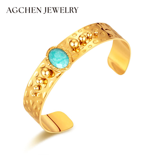 AG Glittering Gold Bangle Bracelet With Natural Stunning Blue Gemstone - AGCHEN JEWELRY,hot sale