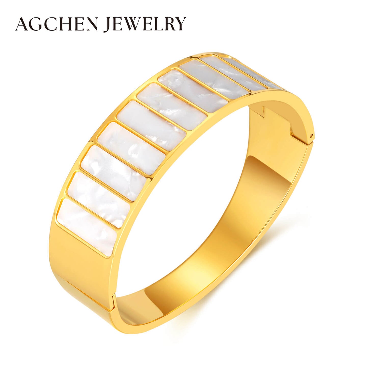 AG Glittering Gold Bangle Bracelet With Elegant Pearl Oyster Slices - AGCHEN JEWELRY,hot sale