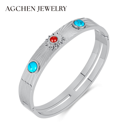 AG Glittering Stainless Steel Bangle Bracelet With Turquoise Stone - AGCHEN JEWELRY,hot sale