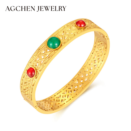 AG Glittering Gold Bangle Bracelet With Turquoise Stone - AGCHEN JEWELRY,hot sale