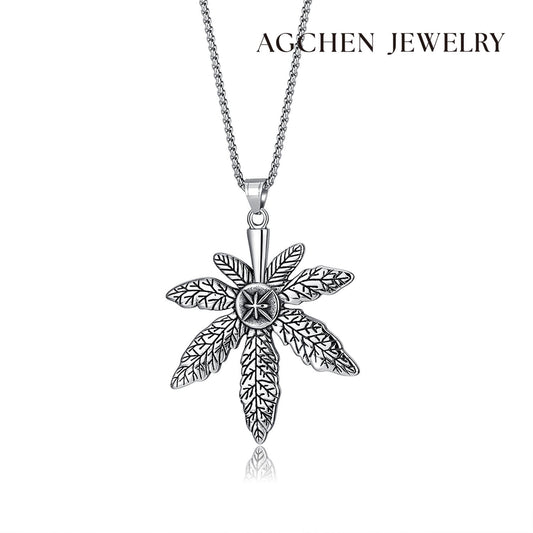 AG Mystery Journey Silver Cannabis Leaves Pendant Necklace - AGCHEN JEWELRY,men necklace