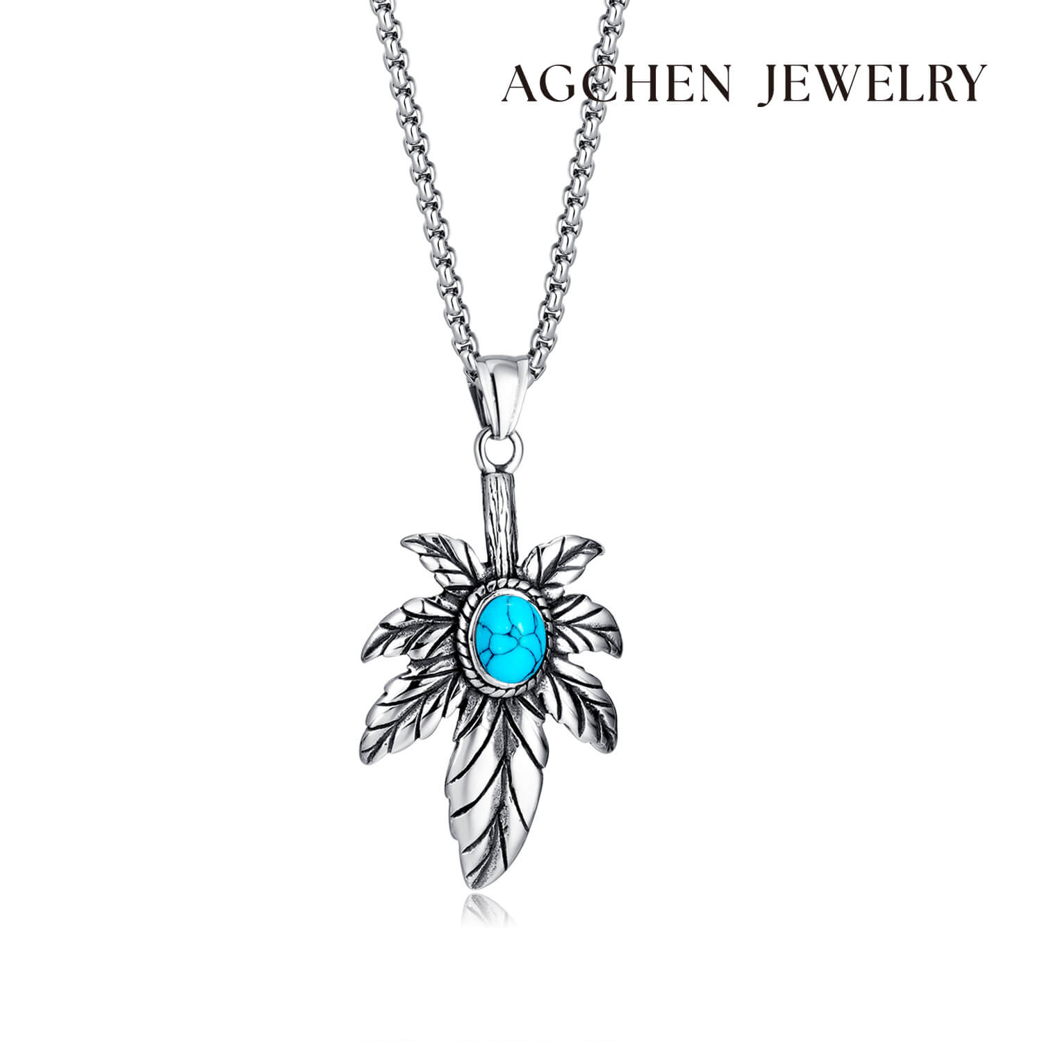 AG Silver Feather Of Faith With Calaite Pendant Necklace - AGCHEN JEWELRY,men necklace