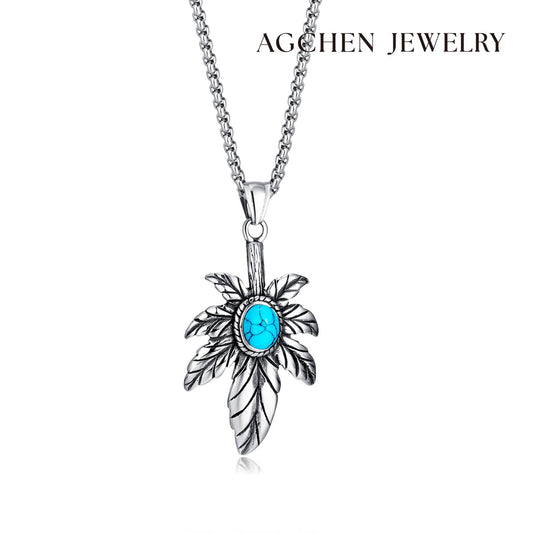 AG Silver Feather Of Faith With Calaite Pendant Necklace - AGCHEN JEWELRY,men necklace