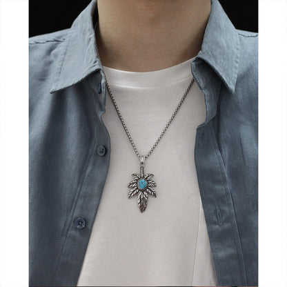 AG Silver Feather Of Faith With Calaite Pendant Necklace - AGCHEN JEWELRY,men necklace