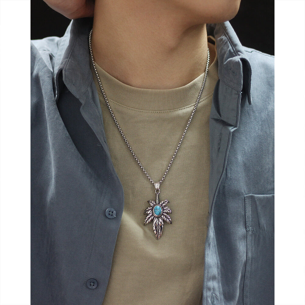 AG Silver Feather Of Faith With Calaite Pendant Necklace - AGCHEN JEWELRY,men necklace