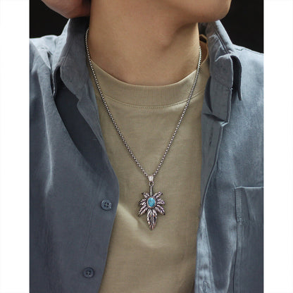 AG Silver Feather Of Faith With Calaite Pendant Necklace - AGCHEN JEWELRY,men necklace