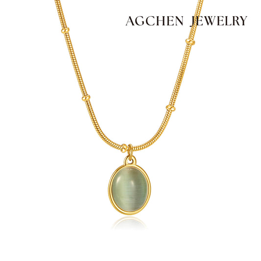 AG Golden Pendant With Big Green Opal Necklace - AGCHEN JEWELRY,necklace