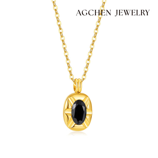 AG Golden Pendant Necklace With Black Cubic Zirconia Charm - AGCHEN JEWELRY,necklace