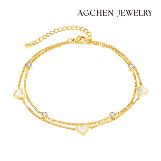 AG Double Chains Stainless Steel Anklet With Cubic Zirconia & Pearl Oysters - AGCHEN JEWELRY,anklet