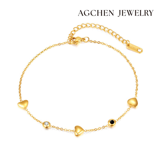 AG Gold Heart Charm Anklet With Cubic Zirconia & Black Enamel - AGCHEN JEWELRY,anklet