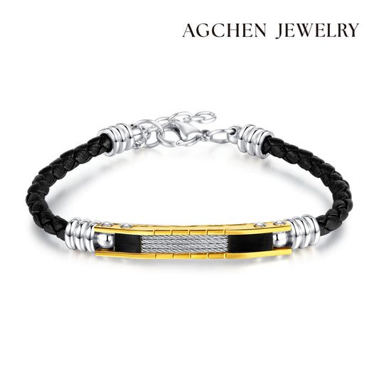 AG Elegant Black Leather & Gold Stainless Steel Lovers Bracelet - AGCHEN JEWELRY,lover bracelet