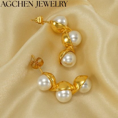 AG Stainless Steel Pea-Shaped Pearl Stud Earrings