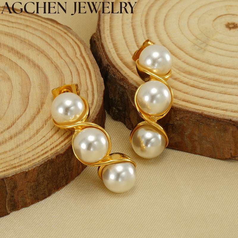 AG Stainless Steel Pea-Shaped Pearl Stud Earrings