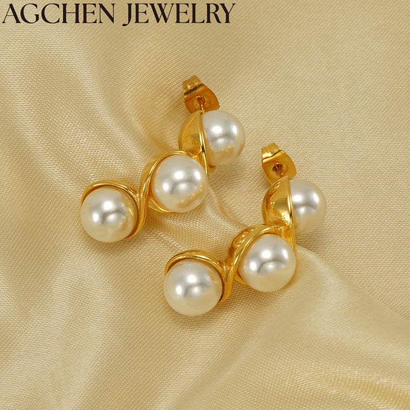 AG Stainless Steel Pea-Shaped Pearl Stud Earrings